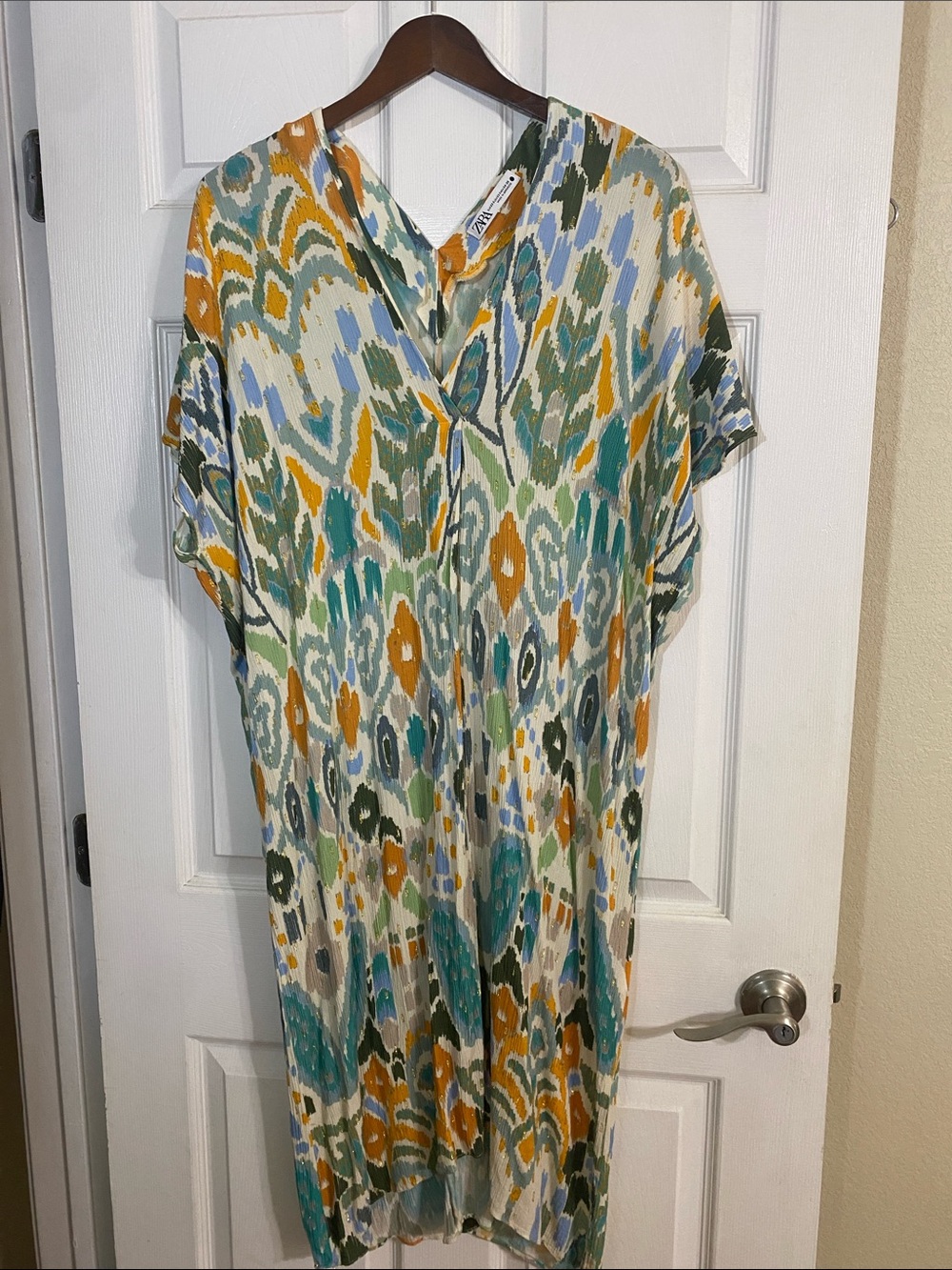 Zara Ikat-Print V-Neck Tunic Dress — Teal, Mustard & Olive